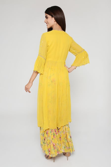 Shop Bha Sha Yellow Georgette, Net, Silk Cut Work, Erica Embroidered Peplum Tunic Sharara Set at Aza Fashions Shop_Bha Sha_Yellow Georgette, Net, Silk Cut Work, Erica Embroidered Peplum Tunic Sharara Set _at_Aza_Fashions