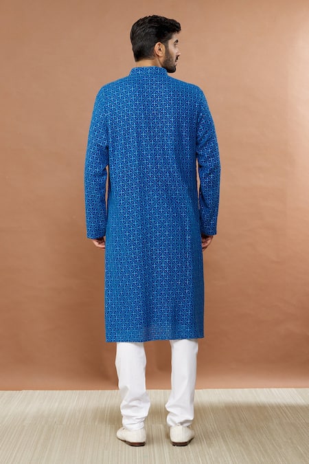 Shop Aham-Vayam Blue Cotton Embroidery, Sequins Nilanjan Kurta And Churidar Set at Aza Fashions Shop_Aham-Vayam_Blue Cotton Embroidery, Sequins Nilanjan Kurta And Churidar Set _at_Aza_Fashions