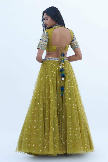 Shop Nadima Saqib Green Denim, Tulle, Georgette Embroidery, Mirrors Round Floral Lehenga Set at Aza Fashions Shop_Nadima Saqib_Green Denim, Tulle, Georgette Embroidery, Mirrors Round Floral Lehenga Set _at_Aza_Fashions