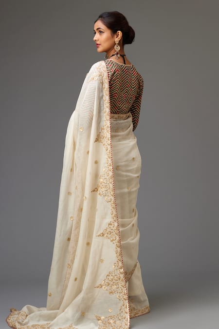 Shop_Kora_Off White Saree Cotton Chanderi Embroidery Gota Flower With Choli  _at_Aza_Fashions
