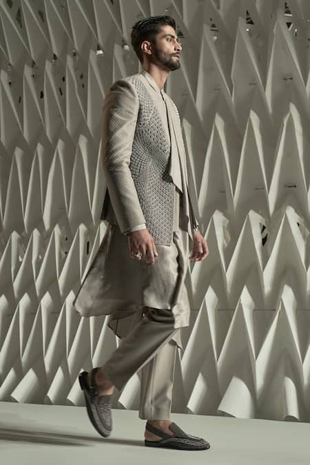 Shop Rohit Gandhi + Rahul Khanna Grey Silk Beads Ashlar Metallic Jacket at Aza Fashions Shop_Rohit Gandhi + Rahul Khanna_Grey Silk Beads Ashlar Metallic Jacket _at_Aza_Fashions