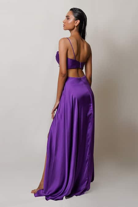 Shop Pinup By Astha Purple Satin, Georgette, Crepe Sweetheart Neck Pleated Front Slit Gown at Aza Fashions Shop_Pinup By Astha_Purple Satin, Georgette, Crepe Sweetheart Neck Pleated Front Slit Gown _at_Aza_Fashions