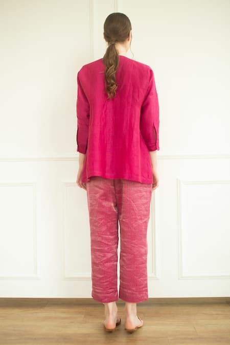 Shop Oja Pink Pant , Shirt Linen Embroidered And Set at Aza Fashions Shop_Oja_Pink Pant , Shirt Linen Embroidered And Set _at_Aza_Fashions