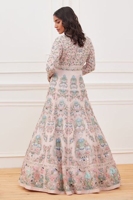 Shop_Rahul Mishra_Pink Shell- Silk Embroidered Floral Plunge V Gul-e-bahar Gown _at_Aza_Fashions