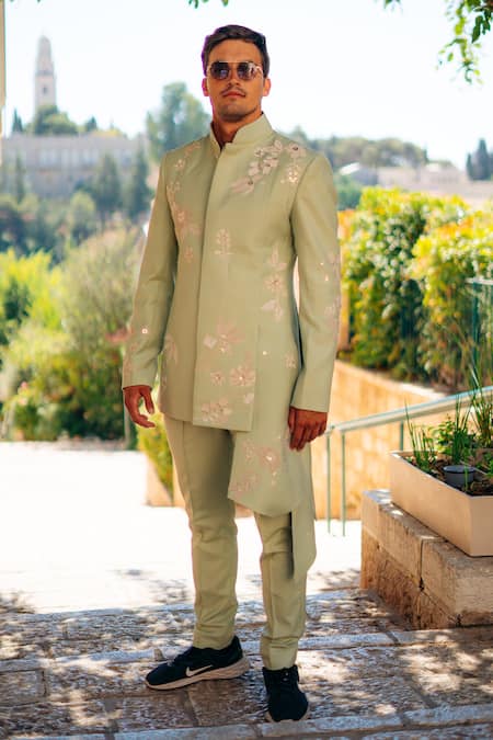 Shop Sahil Kochhar Green Cotton Satin Nishkarsh Trouser at Aza Fashions Shop_Sahil Kochhar_Green Cotton Satin Nishkarsh Trouser _at_Aza_Fashions