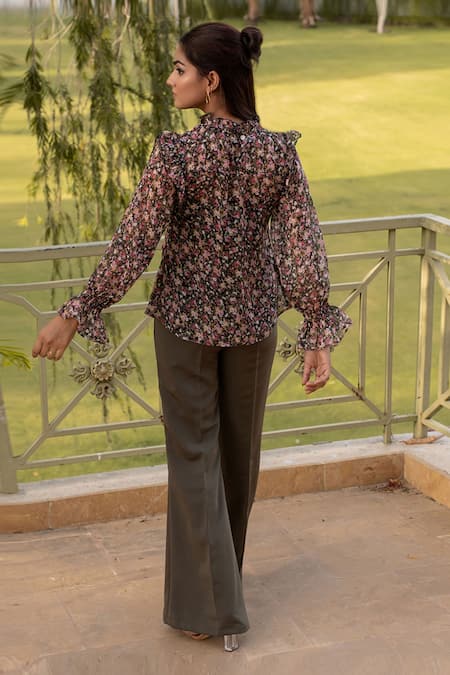 Shop B'Infinite Black Chiffon Embroidery High Neck Floral Print Top And Flared Trouser Set at Aza Fashions Shop_B'Infinite_Black Chiffon Embroidery High Neck Floral Print Top And Flared Trouser Set_at_Aza_Fashions