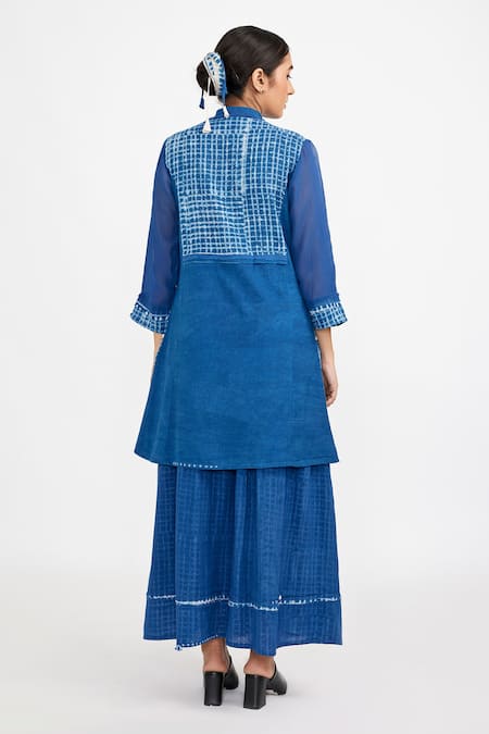 Shop_JAYATI GOENKA_Blue Cotton Open Neck Checkered Print High Low Tunic And Skirt Set _at_Aza_Fashions