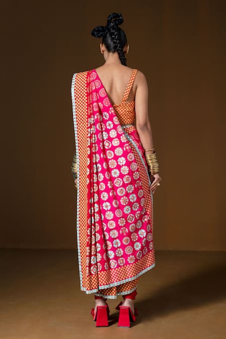 Shop_Pooja Rajgarhia Gupta_Fuchsia Lycra, Silk Sequins, Embroidery Chakra Phool Pant Saree With Blouse _at_Aza_Fashions