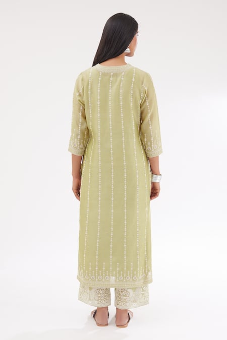 Shop Kora Green Silk, Cotton, Chanderi Sequins, Embroidery Round Neck Kurta Set at Aza Fashions Shop_Kora_Green Silk, Cotton, Chanderi Sequins, Embroidery Round Neck Kurta Set _at_Aza_Fashions