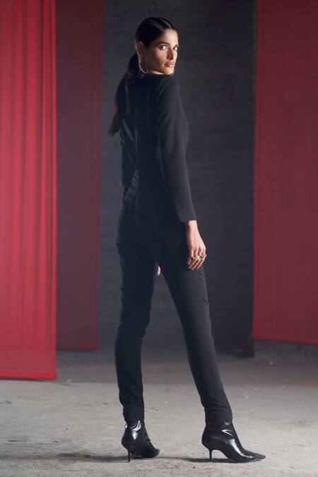 Shop_Pocketful Of Cherrie_Black Modal Embroidery Collared Lapel Jumpsuit_at_Aza_Fashions