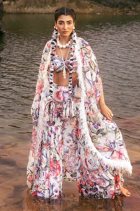 Shop Akanksha Mago Multi Color Georgette Tassels, Embroidery Sweetheart Printed Cape Gharara Set at Aza Fashions Shop_Akanksha Mago_Multi Color Georgette Tassels, Embroidery Sweetheart Printed Cape Gharara Set _at_Aza_Fashions