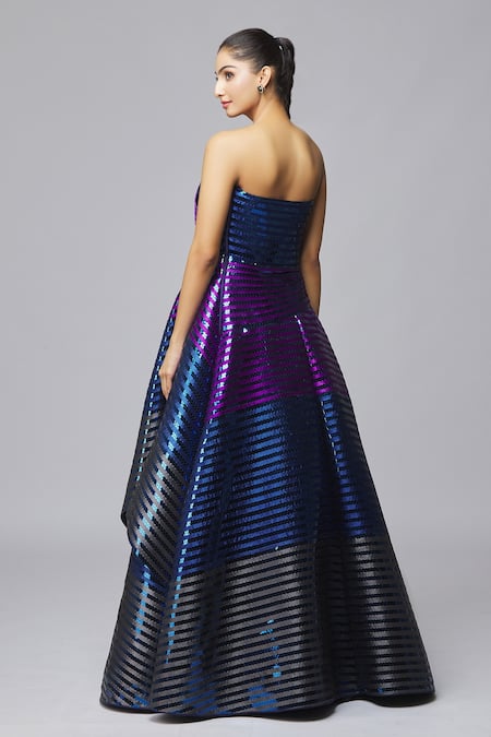 Shop_Amit Aggarwal_Blue Maheshwari Sequins Asymmetric, Bandeau Neck Metallic Striped Gown _at_Aza_Fashions