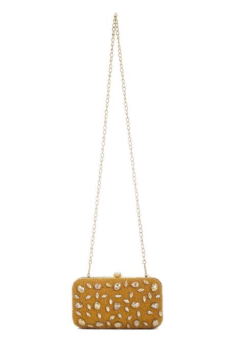 Shop_A Clutch Story_Yellow Crystals, Embroidery Velvet Studded Clutch _at_Aza_Fashions