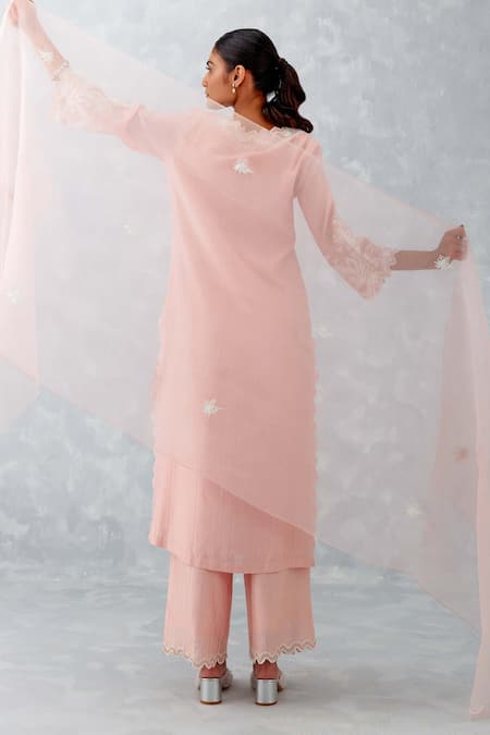 Shop_Devnaagri_Pink Chanderi, Silk Organza Embroidery, Cut Work, Cutwork Detailed Kurta Set _at_Aza_Fashions