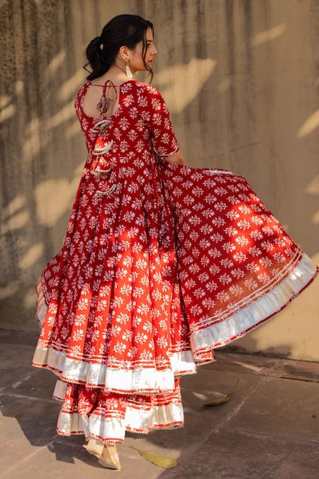 Pomcha Jaipur Floral Print Anarkali Skirt Set 