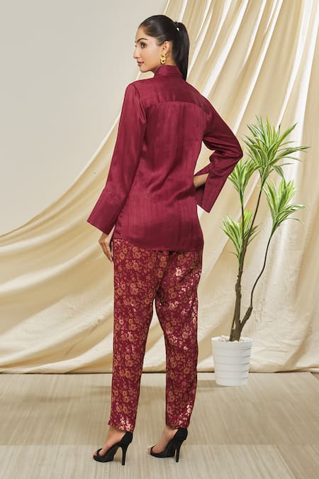 Shop Peenacolada Maroon Silk, Brocade Embroidery Collared Shirt And Woven Pant Set at Aza Fashions Shop_Peenacolada_Maroon Silk, Brocade Embroidery Collared Shirt And Woven Pant Set _at_Aza_Fashions