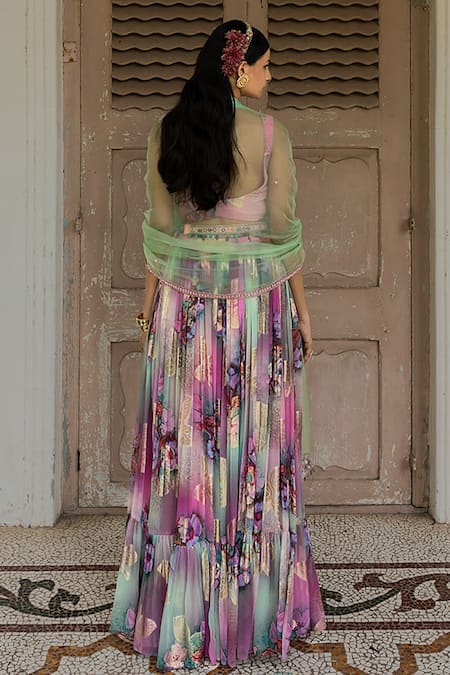 Shop_AMRIN KHAN_Purple Georgette And Embroidery Floral & Beads Scoop Neck Lehenga Set _at_Aza_Fashions