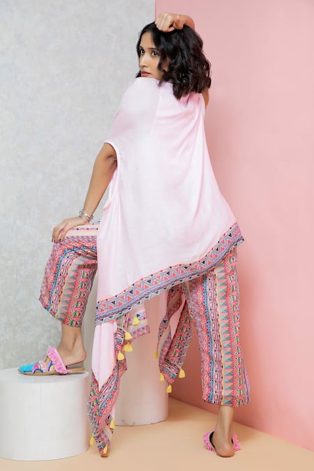 Shop_Rhe-Ana_Pink Polyester Embroidery Floral Print Cape And Pant Set _at_Aza_Fashions
