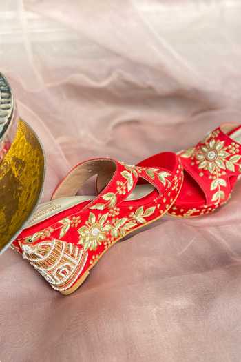 Shop Schon Zapato Red Embroidered Laila Embellished Wedges at Aza Fashions Shop_Schon Zapato_Red Embroidered Laila Embellished Wedges _at_Aza_Fashions