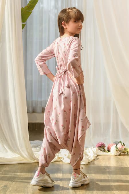 Shop_Pasha India_Pink Linen Floral Print Dhoti Jumpsuit _at_Aza_Fashions