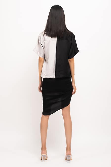 Shop_Neora By Nehal Chopra_Black Square Neck, Collared And Cropped Shirt Skirt Set _at_Aza_Fashions