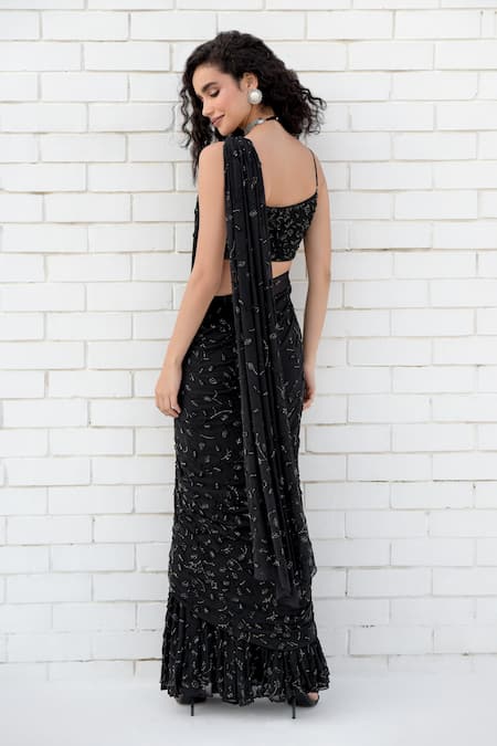 Shop_Talking Threads_Black Silk, Georgette, Linen Crystals Round Neck Embellished Saree Gown _at_Aza_Fashions