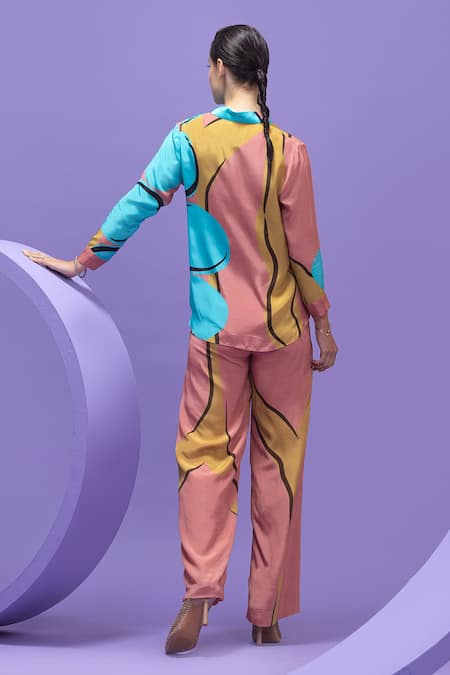 Shop_Nautanky_Multi Color Crepe Collared Abstract Print Oversized Shirt And Pant Set _at_Aza_Fashions