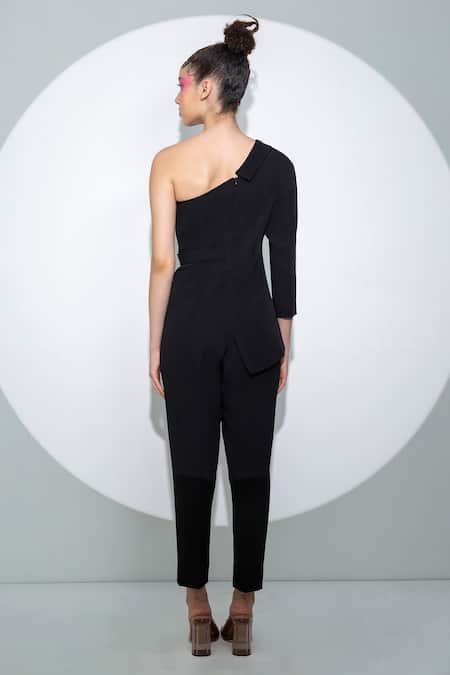 Shop_Pocketful Of Cherrie_Black Crepe One Shoulder Solid Asymmetric Jumpsuit _at_Aza_Fashions