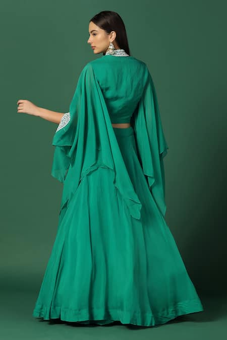 Shop Two Sisters By Gyans Green Georgette, Organza Pearls, Embroidery Collared Sleeve Cape And Skirt Set at Aza Fashions Shop_Two Sisters By Gyans_Green Georgette, Organza Pearls, Embroidery Collared Sleeve Cape And Skirt Set _at_Aza_Fashions