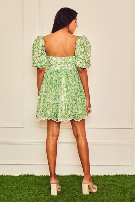 Shop Therealb Green Polyester Embroidery Square Neck Chamomile Ballerian Balloon Sleeve Dress at Aza Fashions Shop_Therealb_Green Polyester Embroidery Square Neck Chamomile Ballerian Balloon Sleeve Dress _at_Aza_Fashions