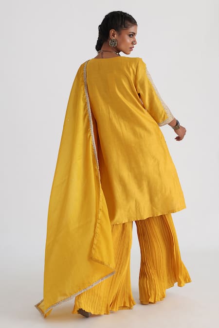 Shop Smriti By Anju Agarwal Yellow Chanderi, Crepe, Muslin, Satin, Organza Zibaa Kurta Sharara Set at Aza Fashions Shop_Smriti By Anju Agarwal_Yellow Chanderi, Crepe, Muslin, Satin, Organza Zibaa Kurta Sharara Set _at_Aza_Fashions