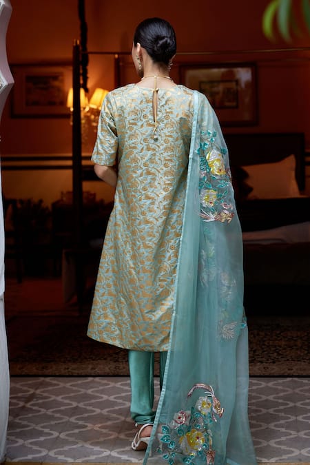 Shop Atelier Shikaarbagh Green Brocade, Satin, Organza Floral Pattern Kurta Churidar Set at Aza Fashions Shop_Atelier Shikaarbagh_Green Brocade, Satin, Organza Floral Pattern Kurta Churidar Set _at_Aza_Fashions
