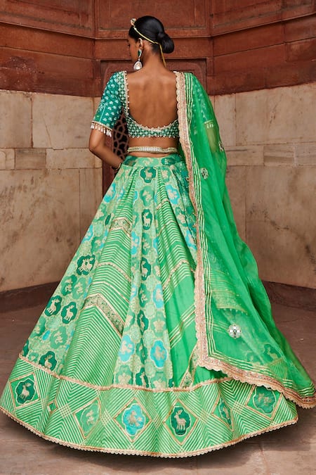 Shop Aditi Gupta Green Chanderi, Banarasi Butterflies And Reindeer Pattern Bridal Lehenga Set at Aza Fashions Shop_Aditi Gupta_Green Chanderi, Banarasi Butterflies And Reindeer Pattern Bridal Lehenga Set _at_Aza_Fashions