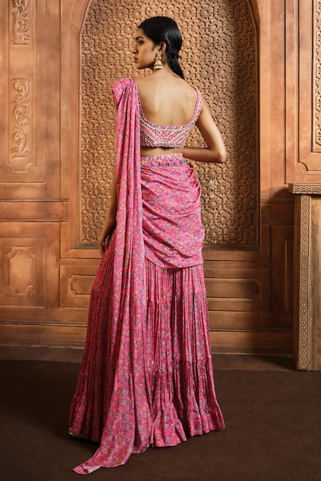 Shop Aneesh Agarwaal Pink Chiffon, Organza Pre-draped Flower Print Sharara Saree With Blouse at Aza Fashions Shop_Aneesh Agarwaal_Pink Chiffon, Organza Pre-draped Flower Print Sharara Saree With Blouse _at_Aza_Fashions