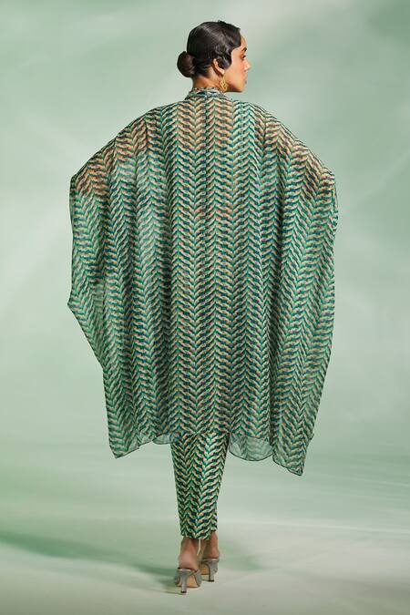 Shop Divya Aggarwal Green Bustier , Shirt Cape Chiffon, Trouser Riley Print Set at Aza Fashions Shop_Divya Aggarwal_Green Bustier , Shirt Cape Chiffon, Trouser Riley Print Set_at_Aza_Fashions