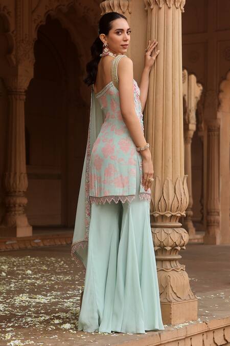 Shop Dheeru Taneja Green Crepe, Georgette Embroidery, Beads, Rihana Printed Kurta Sharara Set at Aza Fashions Shop_Dheeru Taneja_Green Crepe, Georgette Embroidery, Beads, Rihana Printed Kurta Sharara Set _at_Aza_Fashions