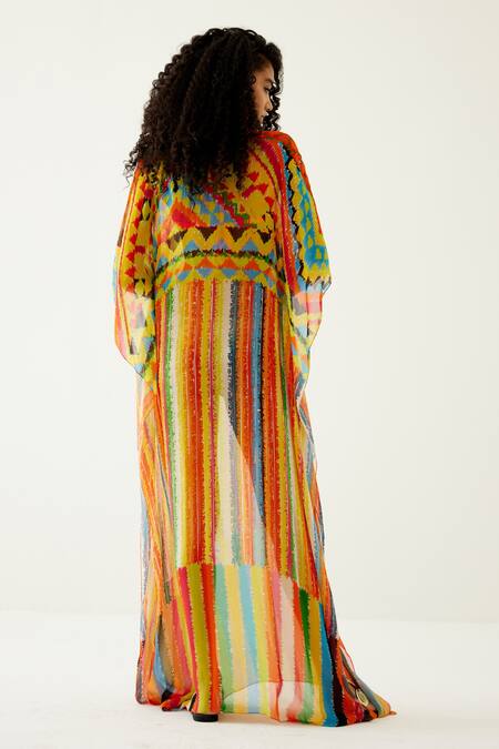 Shop Payal Jain Yellow Georgette Geometric V Neck Pattern Long Kaftan at Aza Fashions Shop_Payal Jain_Yellow Georgette Geometric V Neck Pattern Long Kaftan_at_Aza_Fashions