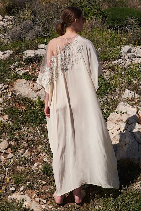 Shop Shruti Sancheti White Crepe, Net Sequins Round Neck Floral Hand Embroidered Kaftan at Aza Fashions Shop_Shruti Sancheti_White Crepe, Net Sequins Round Neck Floral Hand Embroidered Kaftan _at_Aza_Fashions