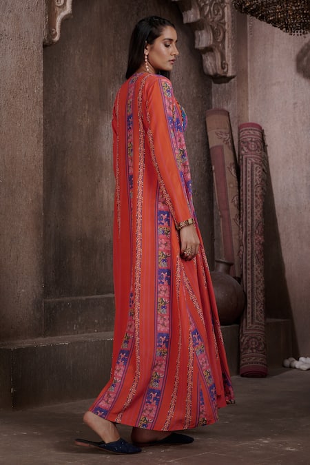 Shop_Affroz_Coral Viscose, Crepe Embroidery, Metallic Thread Print Jacket And Draped Skirt Set _at_Aza_Fashions