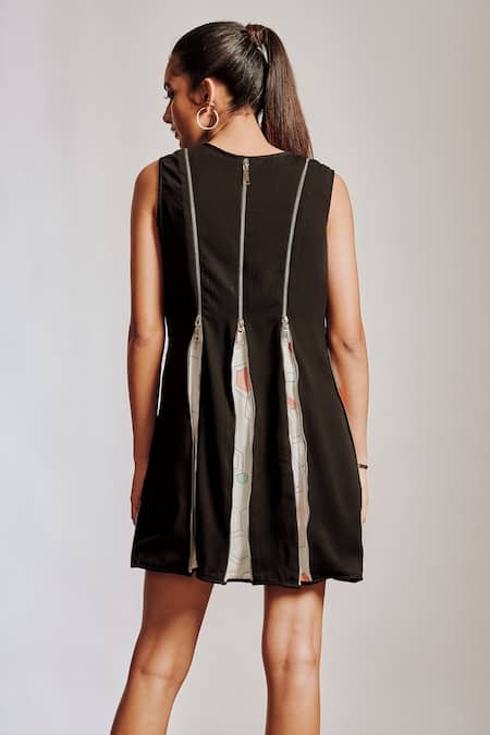 Shop Pocket Stories Black Microfiber Round Neck Zip Embellished Short Dress at Aza Fashions Shop_Pocket Stories_Black Microfiber Round Neck Zip Embellished Short Dress _at_Aza_Fashions