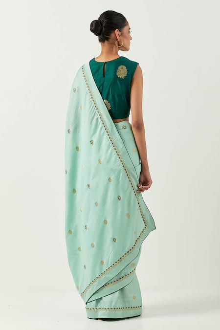 Shop Label Earthen Green Brocade Embroidery Round Neck Mehzabeen Bnarasi Butti Saree With Blouse at Aza Fashions Shop_Label Earthen_Green Brocade Embroidery Round Neck Mehzabeen Bnarasi Butti Saree With Blouse _at_Aza_Fashions