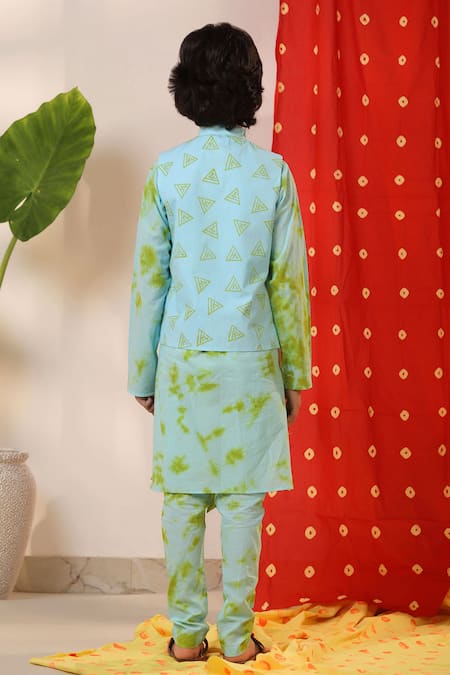 Shop_Cute Couture_Green Cotton, Poplin Geometric Print Kurta Set With Nehru Jacket _at_Aza_Fashions
