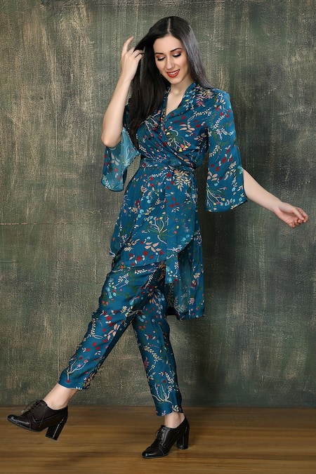 Shop Whimsical By Shica Blue Organza, Satin V-neck Ditsy Floral Print Top With Pant at Aza Fashions Shop_Whimsical By Shica_Blue Organza, Satin V-neck Ditsy Floral Print Top With Pant _at_Aza_Fashions