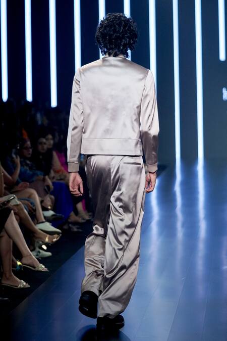 Shop Dhruv Vaish Grey Satin Curved Panel Jacket at Aza Fashions Shop_Dhruv Vaish_Grey Satin Curved Panel Jacket_at_Aza_Fashions