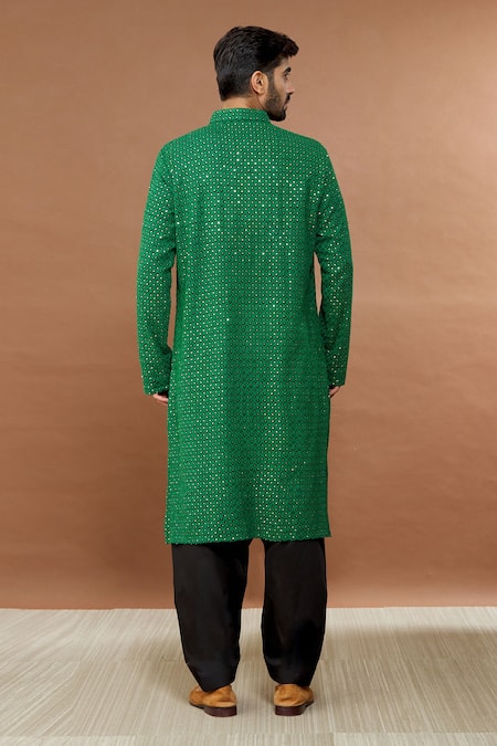 Shop Aham-Vayam Green Cotton Sequins Sitara Embroidered Kurta And Patiala Set at Aza Fashions Shop_Aham-Vayam_Green Cotton Sequins Sitara Embroidered Kurta And Patiala Set _at_Aza_Fashions