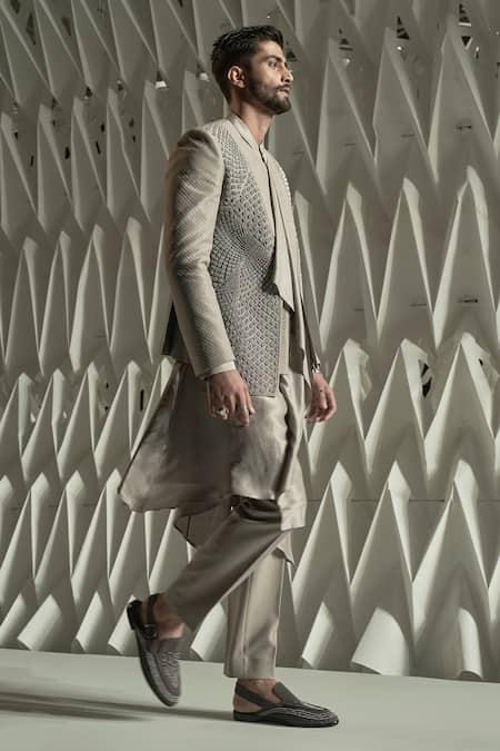 Shop Rohit Gandhi + Rahul Khanna Grey Satin Ashlar Draped Kurta at Aza Fashions Shop_Rohit Gandhi + Rahul Khanna_Grey Satin Ashlar Draped Kurta _at_Aza_Fashions