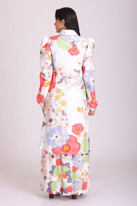 Shop Alpona Designs By Soham Acharya White Cotton Silk Floral Shirt Collar Print Tunic And Palazzo Set at Aza Fashions Shop_Alpona Designs By Soham Acharya_White Cotton Silk Floral Shirt Collar Print Tunic And Palazzo Set _at_Aza_Fashions