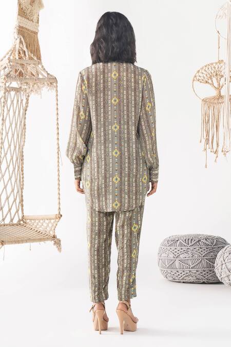Shop Chhavvi Aggarwal Grey Crepe Stripe Print Shirt And Pant Set at Aza Fashions Shop_Chhavvi Aggarwal_Grey Crepe Stripe Print Shirt And Pant Set_at_Aza_Fashions