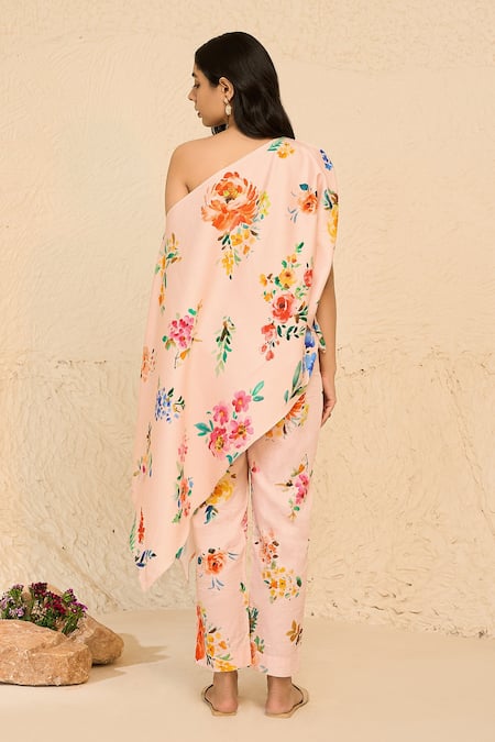 Chrkha Floral Print Asymmetric Kaftan & Pant Set 
