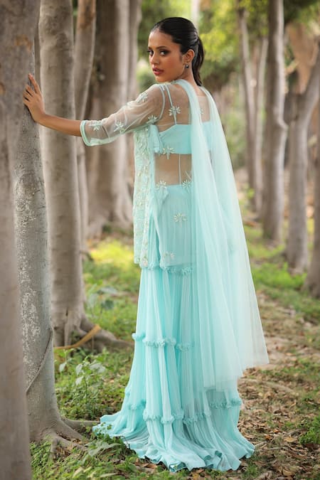 Shop House Of Tushaom Blue Georgette Embroidery Pearl Boat Neck Floral Cutdana Kurta Set at Aza Fashions Shop_House Of Tushaom_Blue Georgette Embroidery Pearl Boat Neck Floral Cutdana Kurta Set _at_Aza_Fashions